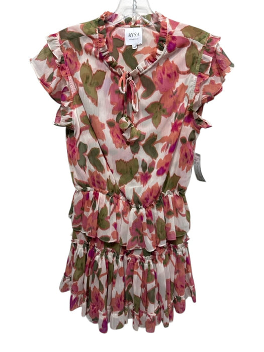Misa Size XS Pink, Green, Purple Polyester Ruffle Cap Sleeve Floral V Neck Dress Pink, Green, Purple / XS