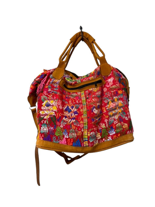 Brown Red Multi Leather straps Embroidered Floral shoulder bag Bag Brown Red Multi / XL