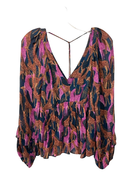 Farm Rio Size M Blue Purple Brown Polyester Giraffe Print V Neck & Back Top Blue Purple Brown / M