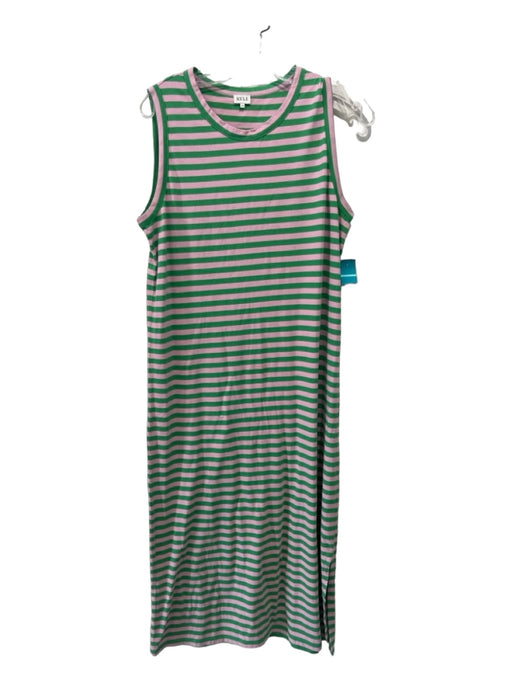 Kule Size M Pink Green Gray Cotton Striped Sleeveless Round Neck Midi Dress Pink Green Gray / M