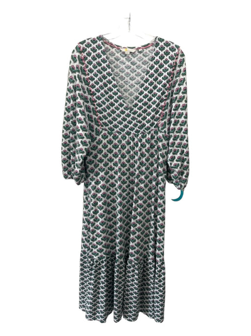 Boden Size 4 White Pink Green Cotton Floral Surplice 3/4 Sleeve Midi Dress White Pink Green / 4