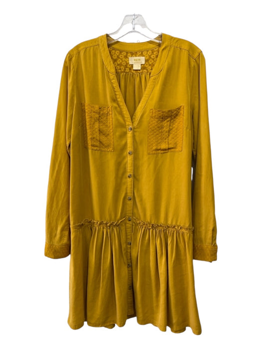 Maeve Size 6 Mustard Lyocell Textured Detail Button Up Long Sleeve Dress Mustard / 6