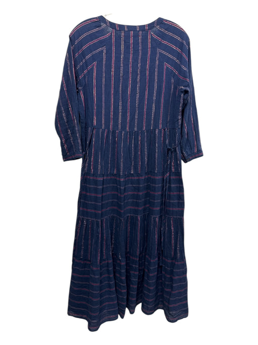 XiRENA Size XS Navy Blue & Purple Cotton Metallic Thread Stripe Surplice Dress Navy Blue & Purple / XS