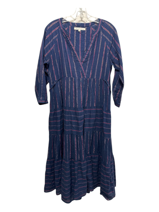 XiRENA Size XS Navy Blue & Purple Cotton Metallic Thread Stripe Surplice Dress Navy Blue & Purple / XS