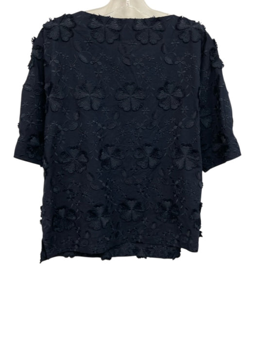 Ann Mashburn Size S Navy Blue Cotton Half Sleeve Floral Embroidered Top Navy Blue / S