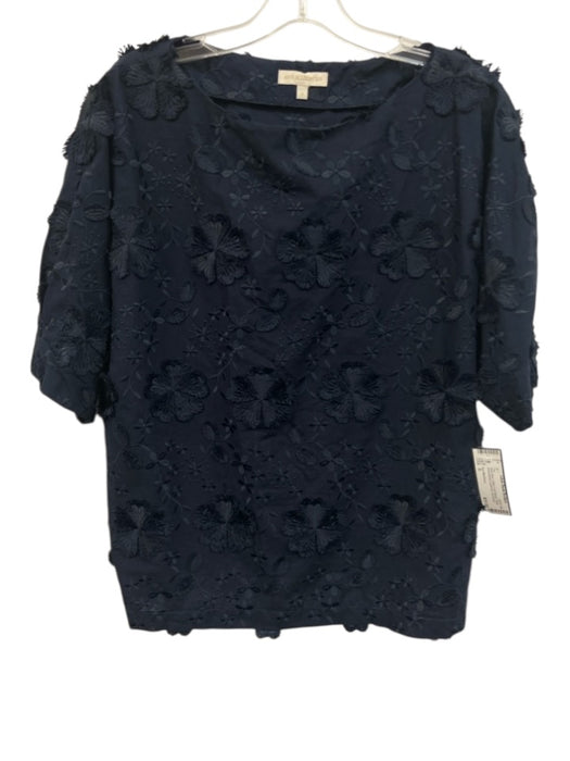 Ann Mashburn Size S Navy Blue Cotton Half Sleeve Floral Embroidered Top Navy Blue / S