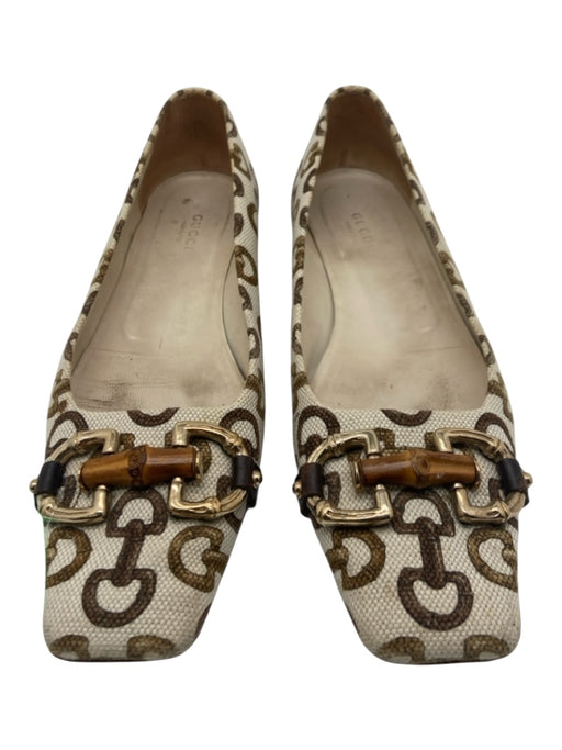 Gucci Shoe Size 7.5 Cream & Brown print Canvas Horsebit Square Toe Bamboo Flats Cream & Brown print / 7.5