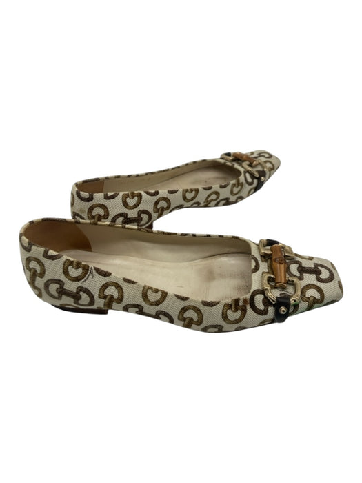 Gucci Shoe Size 7.5 Cream & Brown print Canvas Horsebit Square Toe Bamboo Flats Cream & Brown print / 7.5