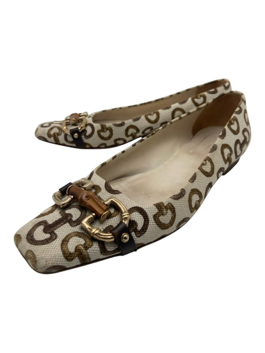 Gucci Shoe Size 7.5 Cream & Brown print Canvas Horsebit Square Toe Bamboo Flats Cream & Brown print / 7.5