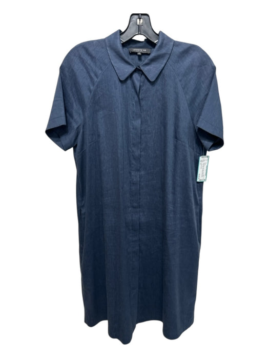 Lafayette 148 Size S Navy Blue Linen Blend Button Down Collar Midi Dress Navy Blue / S