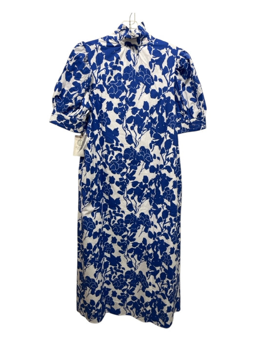 Hyacinth House Size S Blue & White Cotton Abstract Floral Ruffle Neckline Dress Blue & White / S
