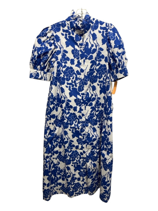 Hyacinth House Size S Blue & White Cotton Abstract Floral Ruffle Neckline Dress Blue & White / S