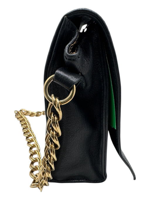 Longchamp Black & Gold Leather Chain Strap Crossbody Flap Grommet Details Bag Black & Gold / Small