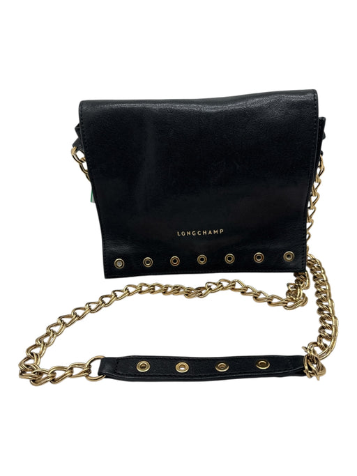 Longchamp Black & Gold Leather Chain Strap Crossbody Flap Grommet Details Bag Black & Gold / Small