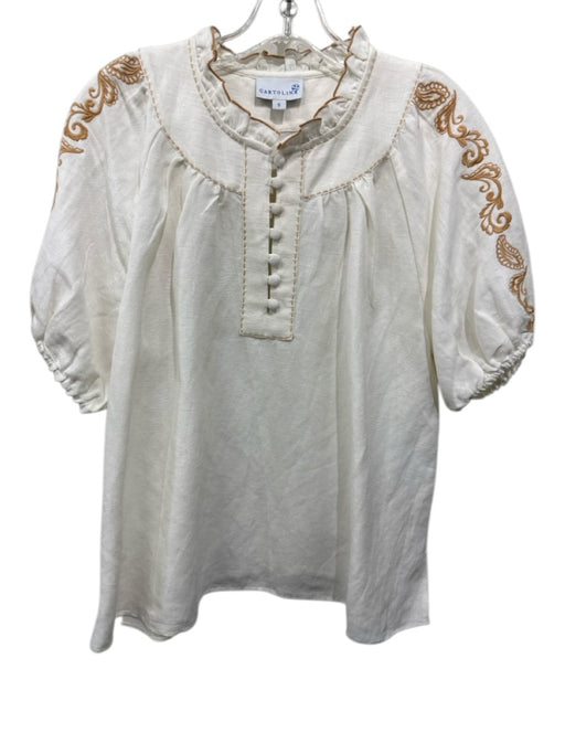 Cartolina Size S White & Gold Viscose & Linen Short Puff Sleeve Buttons Top White & Gold / S