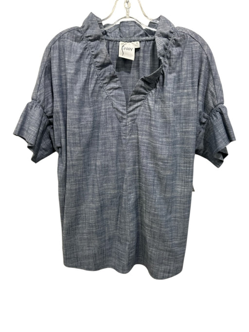Finley Size S Blue Polyester & Cotton Short Sleeve V Neck Ruffle collar Top Blue / S