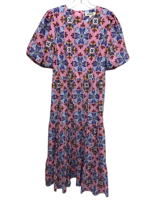 Boden Size 8 Pink & Blue Print Cotton Blend Floral Short Puff Sleeve Dress Pink & Blue Print / 8