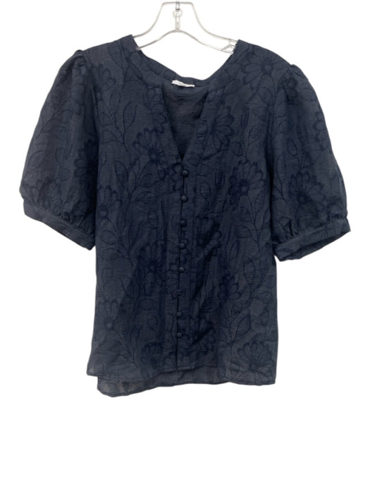 Voy Size S Dark Blue Tencel & Nylon Short Puff Sleeve Floral Jacquard Blouse Top Dark Blue / S