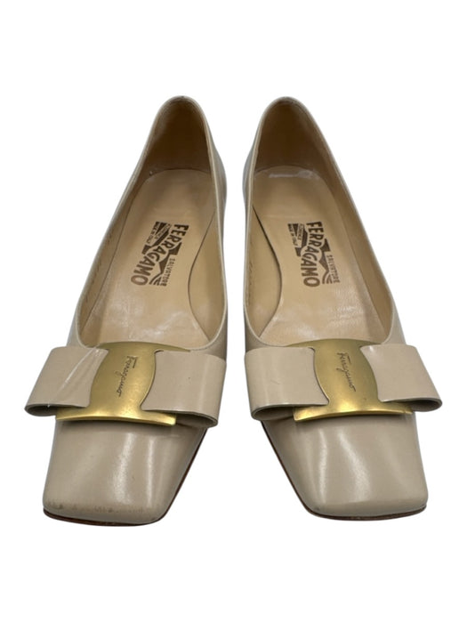 Salvatore Ferragamo Shoe Size 7 Cream Beige Leather Upper Bow Kitten Heel Pumps Cream Beige / 7