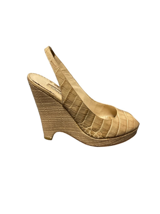 Oscar De La Renta Shoe Size 39 Tan Croc embossed Leather Peep Toe Wedge Shoes Tan / 39