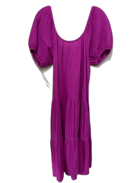 Honorine Size S Fuchsia Cotton Gauze Short Puff Sleeve Wide U Neck Tiered Dress Fuchsia / S
