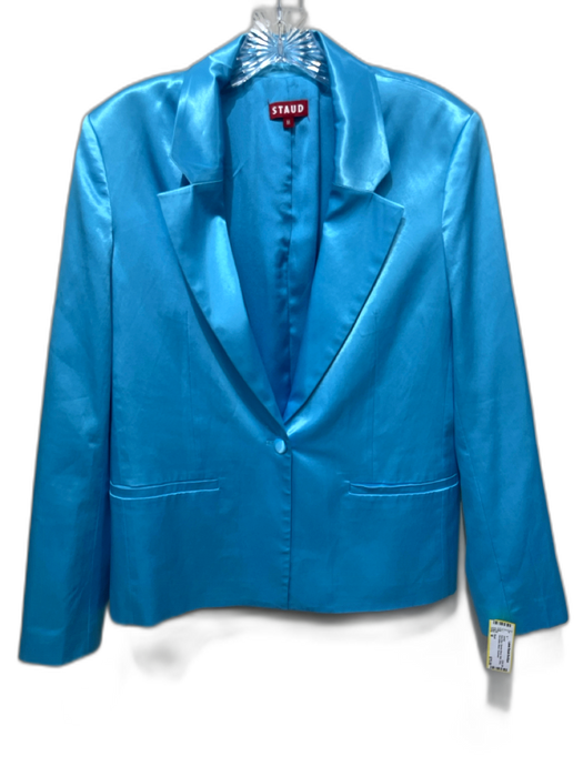 Staud Size M Aqua Blue Viscose Blend Satin Shiny One Button Blazer Jacket Aqua Blue / M
