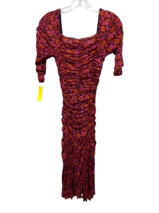 Diane Von Furstenberg Size S Red, Pink, Orange Nylon Leaves Gathered Sheer Dress Red, Pink, Orange / S