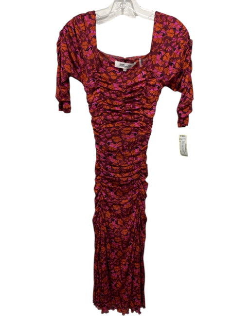 Diane Von Furstenberg Size S Red, Pink, Orange Nylon Leaves Gathered Sheer Dress Red, Pink, Orange / S