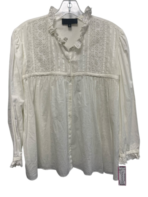 Nili Lotan Size S Cream White Cotton Long Sleeve Lace Trim Pleat Detail Top Cream White / S