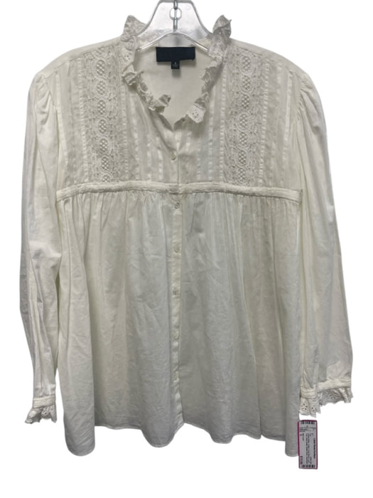 Nili Lotan Size S Cream White Cotton Long Sleeve Lace Trim Pleat Detail Top Cream White / S