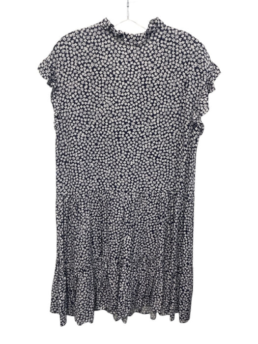 Sundry Size M White & Navy Blue Rayon Floral Ruffle Cap Sleeve Tie V Neck Dress White & Navy Blue / M
