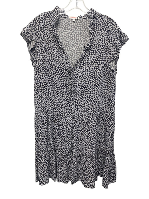 Sundry Size M White & Navy Blue Rayon Floral Ruffle Cap Sleeve Tie V Neck Dress White & Navy Blue / M