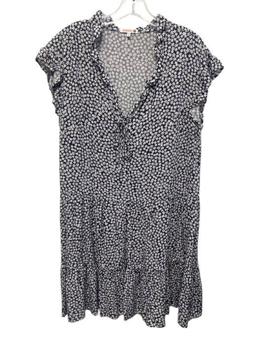 Sundry Size M White & Navy Blue Rayon Floral Ruffle Cap Sleeve Tie V Neck Dress White & Navy Blue / M
