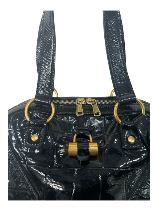 Yves Saint Laurent Black Patent Leather Goldtone Trim Zip Close Tote Bag Black