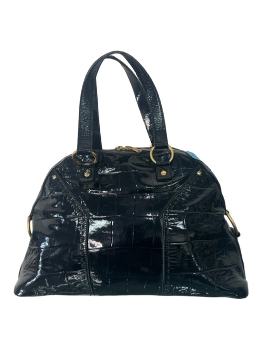 Yves Saint Laurent Black Patent Leather Goldtone Trim Zip Close Tote Bag Black