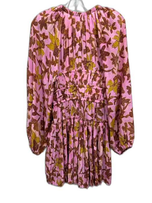 Ulla Johnson Size 2 Pink & Brown Silk Pleated Floral Gathered Above Knee Dress Pink & Brown / 2