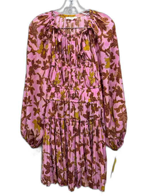 Ulla Johnson Size 2 Pink & Brown Silk Pleated Floral Gathered Above Knee Dress Pink & Brown / 2