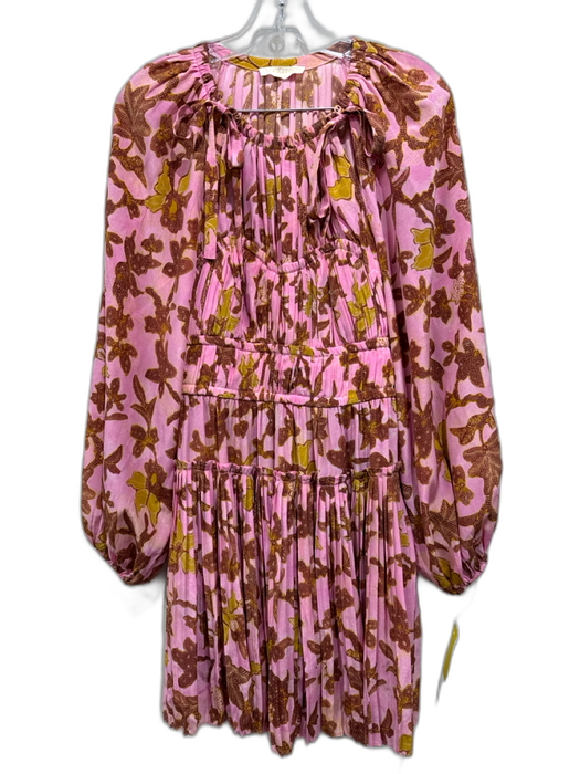 Ulla Johnson Size 2 Pink & Brown Silk Pleated Floral Gathered Above Knee Dress Pink & Brown / 2