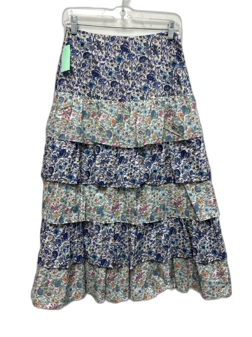 Loveshackfancy Size 2 White, Blue & Multi Cotton Floral Ruffle Tiered Maxi Skirt White, Blue & Multi / 2