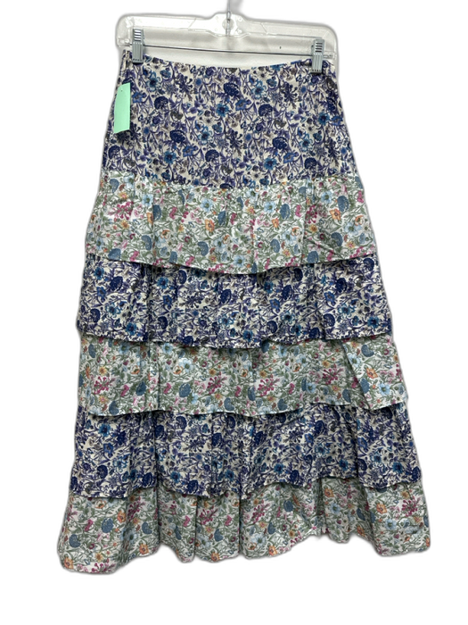 Loveshackfancy Size 2 White, Blue & Multi Cotton Floral Ruffle Tiered Maxi Skirt White, Blue & Multi / 2