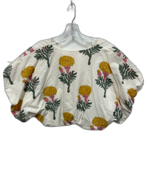 Marea Size XS White, Yellow & Green Cotton Floral Short Puff Sleeve V Neck Top White, Yellow & Green / XS