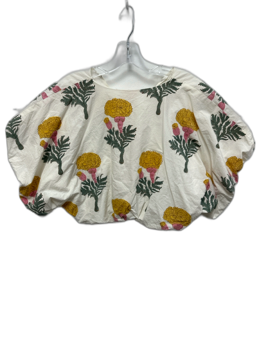 Marea Size XS White, Yellow & Green Cotton Floral Short Puff Sleeve V Neck Top White, Yellow & Green / XS
