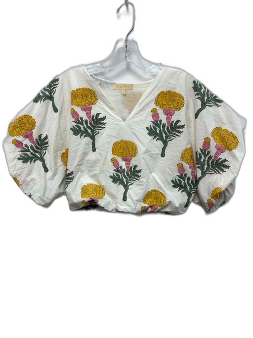 Marea Size XS White, Yellow & Green Cotton Floral Short Puff Sleeve V Neck Top White, Yellow & Green / XS
