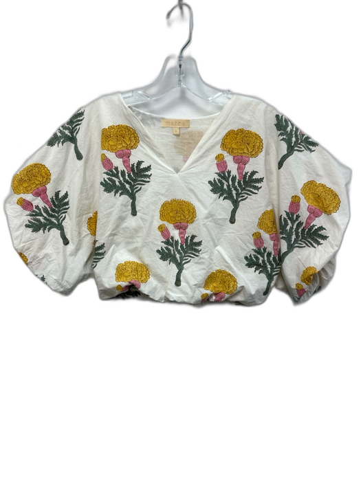 Marea Size XS White, Yellow & Green Cotton Floral Short Puff Sleeve V Neck Top White, Yellow & Green / XS