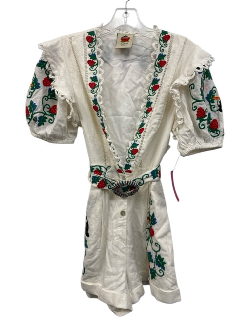 Farm Rio Size XS White, Green & Multi Linen Blend Flora & Fauna Romper White, Green & Multi / XS
