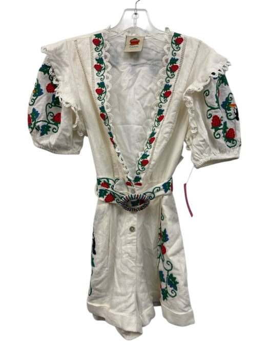 Farm Rio Size XS White, Green & Multi Linen Blend Flora & Fauna Romper White, Green & Multi / XS