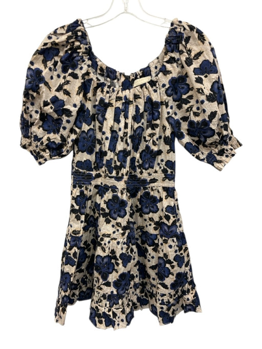 Ulla Johnson Size 0 White, Blue, Multi Cotton Short Puff Sleeve Floral Dress White, Blue, Multi / 0