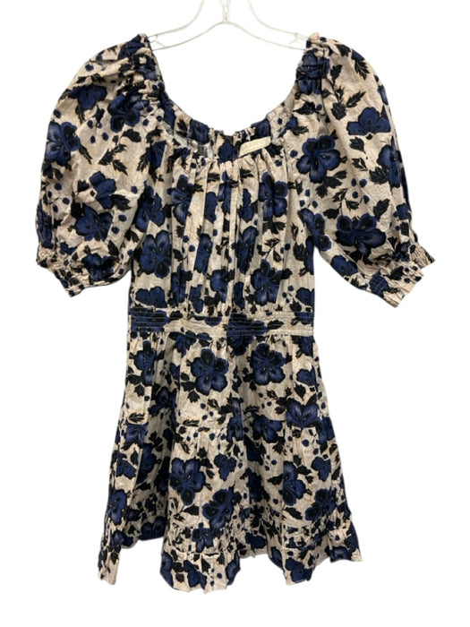 Ulla Johnson Size 0 White, Blue, Multi Cotton Short Puff Sleeve Floral Dress White, Blue, Multi / 0