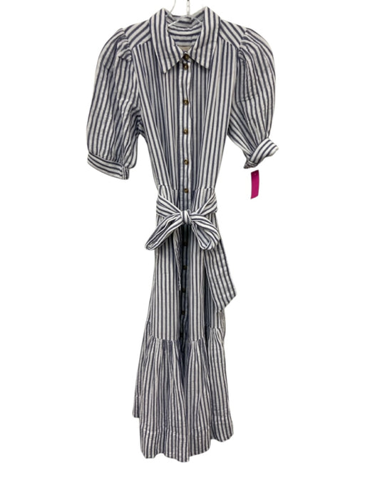 ME+EM Size 2 Cotton White & Blue Striped Maxi 1/2 sleeve Button up Dress Cotton / 2