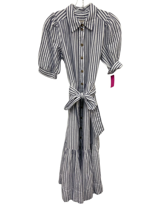 ME+EM Size 2 Cotton White & Blue Striped Maxi 1/2 sleeve Button up Dress Cotton / 2